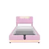A pink upholstered bed frame with a slatted mattress base and LED lighting. Produktbild-Vorschau