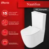A white toilet is shown against a red and black background with feature callouts. Produktbild-Vorschau