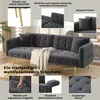 A dark gray sofa with gold legs is shown in a room setting, with close-up insets highlighting its features. Produktbild-Vorschau