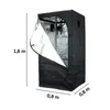 A black grow tent with its front flap open, showing the reflective interior. Dimensions are indicated with measurement lines and text. Produktbild-Vorschau