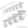 A diagram showing multiple sizes of white planters with dimensions labeled. Produktbild-Vorschau