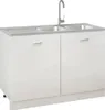 A white kitchen sink unit with a silver faucet and a double basin. Náhled obrázku produktu