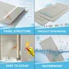 A collage of four images showcasing the features and structure of shower wall panels, including a diagram of the panel layers, product dimensions, a cleaning demonstration, and a waterproof test. Produktbild-Vorschau