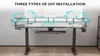 A height-adjustable desk with measurement lines and labels indicating installation options. Produktbild-Vorschau