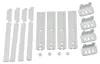 A set of white plastic refrigerator door hinges and mounting brackets are laid out on a white background. Produktbild-Vorschau