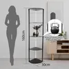 A silhouette of a person stands next to a corner display shelf with a close-up inset showing a kettlebell on a shelf. Produktbild-Vorschau