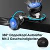 A car fan with two heads blowing air, mounted on the back of a car seat. Text describes its features. Produktbild-Vorschau