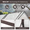 A close-up view of a greenhouse cover with text overlays highlighting its features. Produktbild-Vorschau