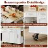 A collage of four images showcasing the details and features of a white kitchen island/serving cart. Voir les images du produit