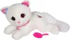 A white plush cat toy with pink and blue accents on its ears, a pink collar, and a pink butterfly emblem on its back, lying down with a pink brush next to it. Anteprima dell’immagine prodotto