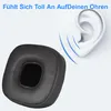 A black ear cushion for headphones is shown next to a stylized illustration of a human ear with sound waves emanating from it. Text is overlaid at the top of the image. Produktbild-Vorschau