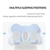 A marketing image showing a pillow with diagrams of human heads and necks to illustrate its ergonomic design for multiple sleeping positions. Produktbild-Vorschau