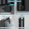 A collage of four images showing different connection types and mounting options for a black panel radiator. Produktbild-Vorschau