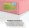 A close-up view of a pink fabric corner, likely a bedsheet, with marketing text and graphics overlaid. Produktbild-Vorschau