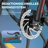 Close-up of an e-bike's front brake system and handlebar, with text overlay highlighting features. Produktbild-Vorschau
