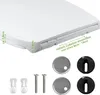 A close-up view of a white toilet seat lid with attached hinges and mounting hardware, including screws, plastic anchors, and metal and plastic mounting plates. Text annotations indicate measurements and adjustability. Produktbild-Vorschau