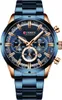 A close-up studio shot of a blue and rose gold men's chronograph watch against a white background. Produktbild-Vorschau