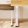 Close-up of the legs of two desks, one with a dark wood finish and the other with a light wood finish. Text overlays highlight features. Produktbild-Vorschau