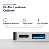 Close-up of a USB-C hub with icons and text describing its features. Produktbild-Vorschau