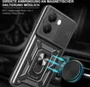 A close-up of a black phone case with a ring holder and a sliding camera cover, shown attached to a car vent mount. Produktbild-Vorschau
