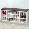 A shoe cabinet with a padded seat on top, filled with various shoes. Produktbild-Vorschau