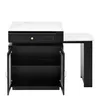 A black kitchen island with a white marble countertop and a side extension, shown against a white background. Podgląd zdjęcia produktu