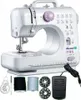 A white sewing machine with purple accents is displayed on a white background, along with its accessories. Podgląd zdjęcia produktu