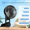 A portable fan is shown with its different speed settings and battery life indicated on the right side, set against a bright sky and a straw hat. Produktbild-Vorschau