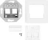 A collection of components for a network data socket, including a mounting bracket, a faceplate, and a housing for two ports. Produktbild-Vorschau