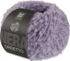 A ball of fluffy purple yarn with a black label wrapped around it. Produktbild-Vorschau