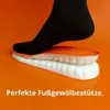 Orange-weiße Einlegesohle mit schwarzem Sockenfuß, der darauf drückt, Text lautet Perfect Arch Support Produktbild-Vorschau