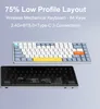 A wireless mechanical keyboard and its underside are displayed against a light gray background. Text overlays describe its features. Produktbild-Vorschau