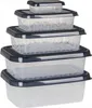 A stack of five clear plastic food storage containers with dark gray lids, arranged in descending size from bottom to top. Produktbild-Vorschau