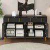 A black sideboard with gold accents, open to reveal storage compartments filled with decorative items and boxes. Anteprima dell’immagine prodotto