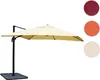 A cantilever umbrella is shown against a white background, with three color swatches to the right. Produktbild-Vorschau
