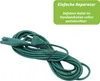 A green power cord is coiled on a white background, with a green informational overlay in the top right corner. Produktbild-Vorschau