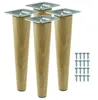 Four wooden furniture legs with metal mounting plates and a set of screws. Produktbild-Vorschau