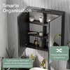 A corner bathroom cabinet with its doors open, displaying internal shelves and products. The background features vertical ribbed paneling. Produktbild-Vorschau