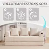 A beige sofa bed is shown in a room with a bookshelf in the background. Above the sofa, there are three instructional graphics. Anteprima dell’immagine prodotto