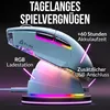 A white gaming mouse is shown on its RGB charging station, with colorful LED lights illuminating the scene. Produktbild-Vorschau