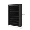 A tall, narrow, black, 10-tier shoe rack is shown against a white background. Dimensions are indicated with text overlays. Produktbild-Vorschau