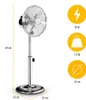 A chrome stand fan is shown against a white background with product specifications displayed on the right side. Produktbild-Vorschau