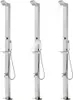 Three images of a stainless steel outdoor shower, showing different stages of use. Náhľad obrázku produktu