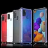 Four Samsung Galaxy A21s phones in protective cases are lined up against a black background. The phones are in red, white, gray, and blue. Produktbild-Vorschau