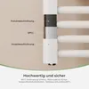 A close-up diagram showing the layers of a white towel radiator, with labels indicating the different coatings and materials. Produktbild-Vorschau