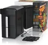 A black dual-chamber air fryer and its packaging are displayed on a white background. Produktbild-Vorschau