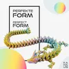 A 3D crystal dragon figure with a rainbow gradient, presented with marketing text and graphic elements. Produktbild-Vorschau