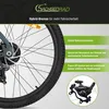 Close-up of a bicycle wheel and brake system with marketing text and graphics. Produktbild-Vorschau