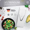 A white mandoline slicer is displayed next to a salad and ingredients, with promotional text and logos. Anteprima dell’immagine prodotto