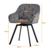 A gray velvet chair with dimensions indicated by orange lines and text. Produktbild-Vorschau